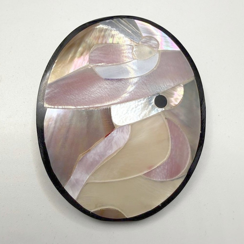 Vintage Mother of Pearl Mosaic Woman in Hat Oval Enhancer Pendant Gold Tone